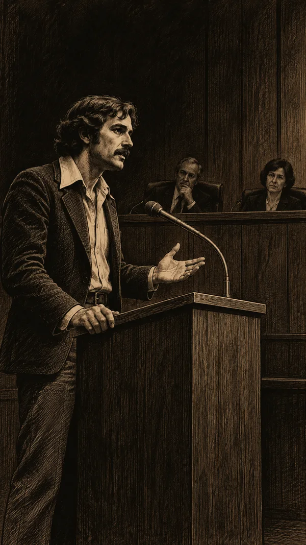 A mustached man in a wide-collared shirt speaks at a wooden lectern, one hand resting on its edge and the other open beside a wired microphone.