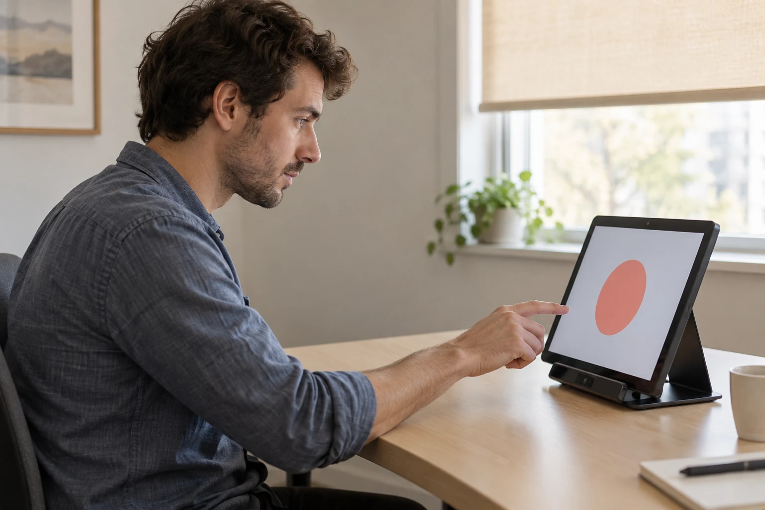 A man in a slate-blue shirt sits in profile at a birch desk, leaning toward a tablet on a stand with his index finger extended near its screen.