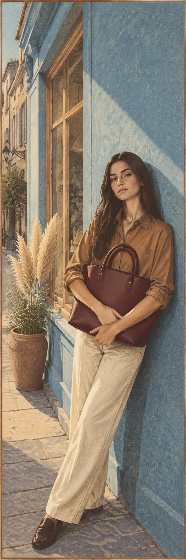 A woman with long dark-brown hair leans against a textured pale-blue shopfront beside a tall wood-framed window.