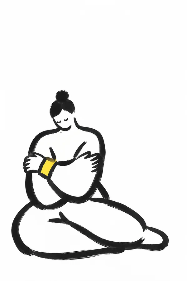 A black gestural-marker illustration of a seated person with a dark hair bun, lowered head and closed eyes, hugging themselves with folded legs; a bright…