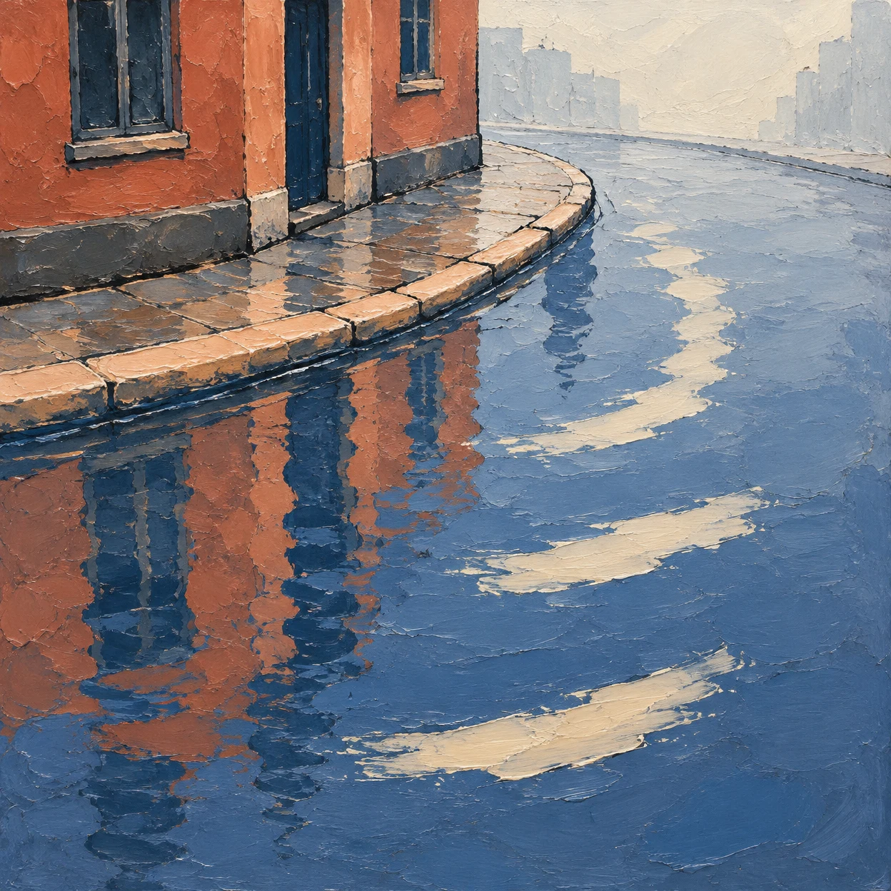 An oblique view of a rain-wet city corner, with terracotta facades and dark windows beside a broad peach curb.