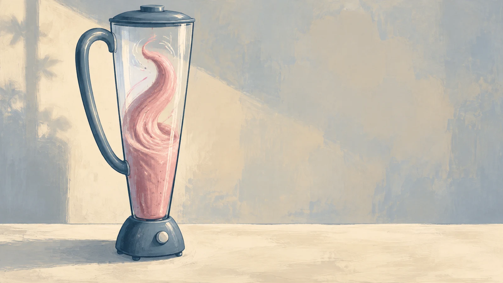 A hand-drawn illustration of an unusually tall transparent blender with a large curved handle and small slate-blue base, holding a dusty-pink swirling mixture…