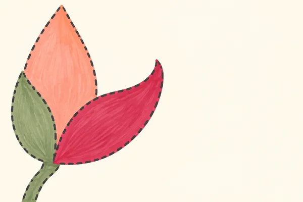 A hand-drawn marker-style flower with a tall peach pointed petal, a sage-green side shape and stem, and a large raspberry petal curling upward against a warm…