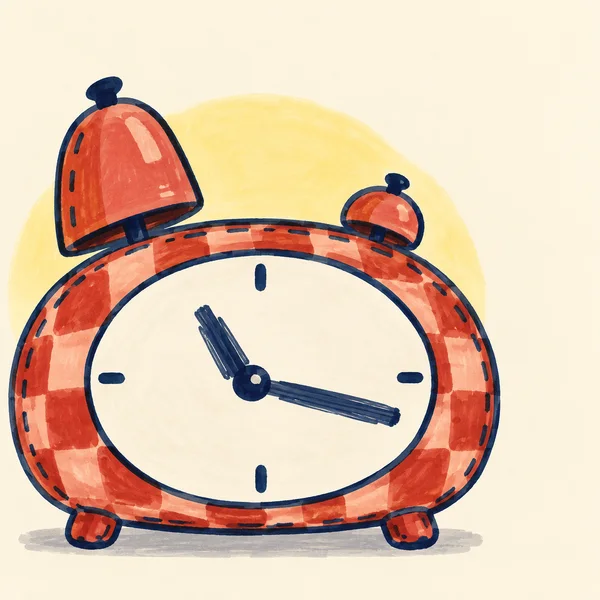 A large coral alarm clock with an ivory dial, four navy tick marks, two navy hands, unequal bells and short feet sits against a cream background, with a yellow…