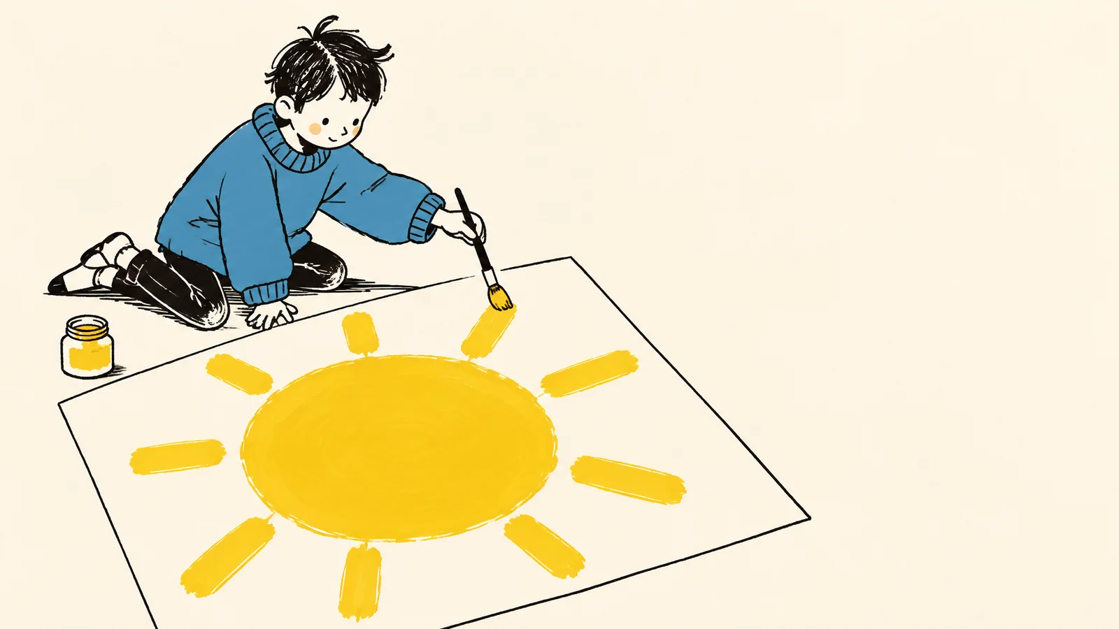 A child in an oversized blue sweater kneels beside a large sheet of paper, painting a bright yellow sun with a black-handled brush.