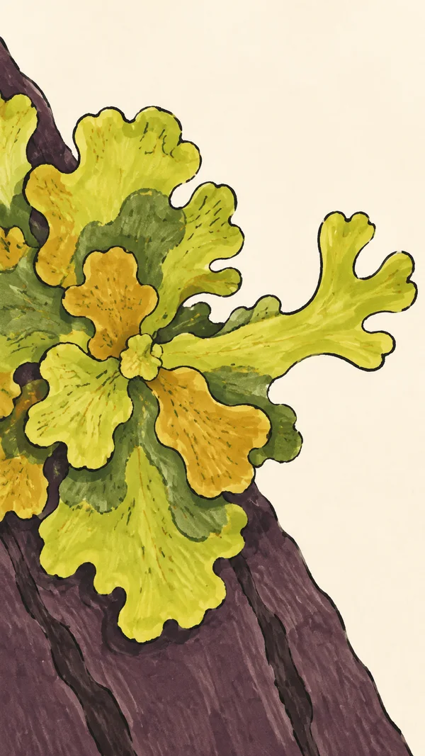 A hand-drawn illustration of chartreuse and ochre scalloped lichen spreading across a diagonal strip of dark plum-brown bark, with a long branching lobe…