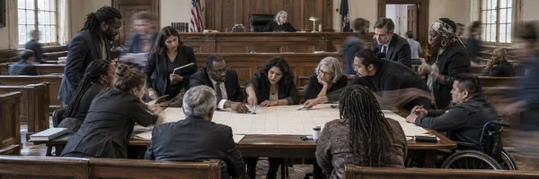A diverse group gathers around a large gridded sheet of blank paper in a wood-paneled courtroom.