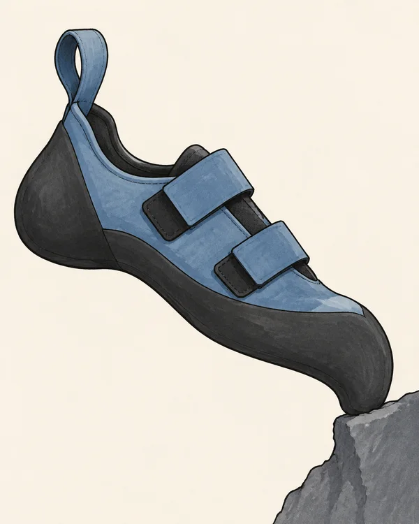 A hand-drawn blue climbing shoe with two broad straps and an oversized heel loop angles down to a slate rock ledge against an off-white background.