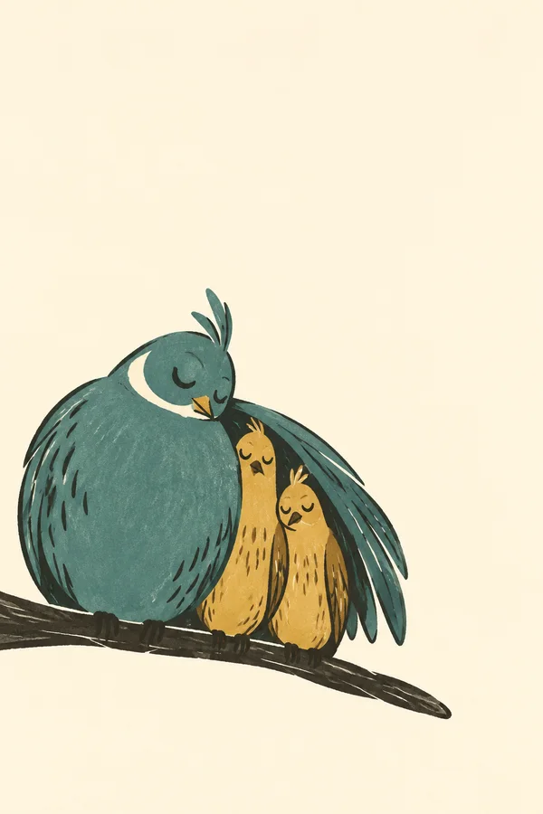Three cartoon birds perch together on a dark, gently sloping branch against a warm cream background.