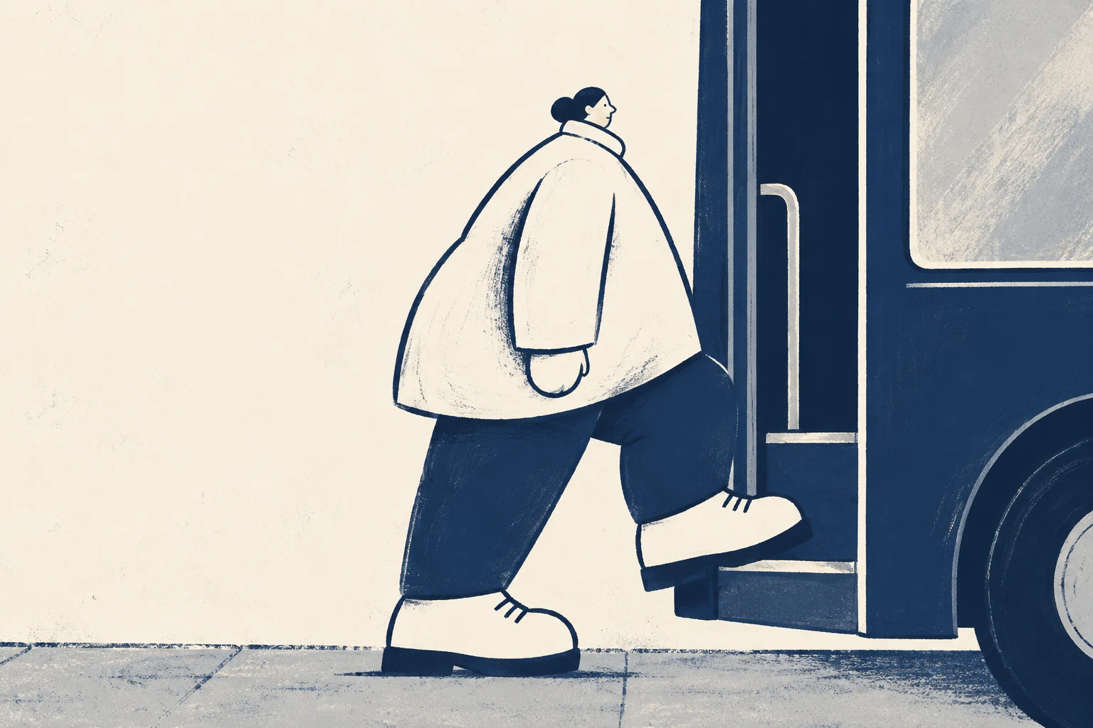 A broad commuter in a rounded ivory coat steps onto a navy bus, with one large shoe on the entrance step and the other on the pavement.