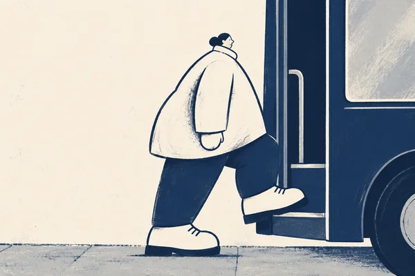 A broad commuter in a rounded ivory coat steps onto a navy bus, with one large shoe on the entrance step and the other on the pavement.