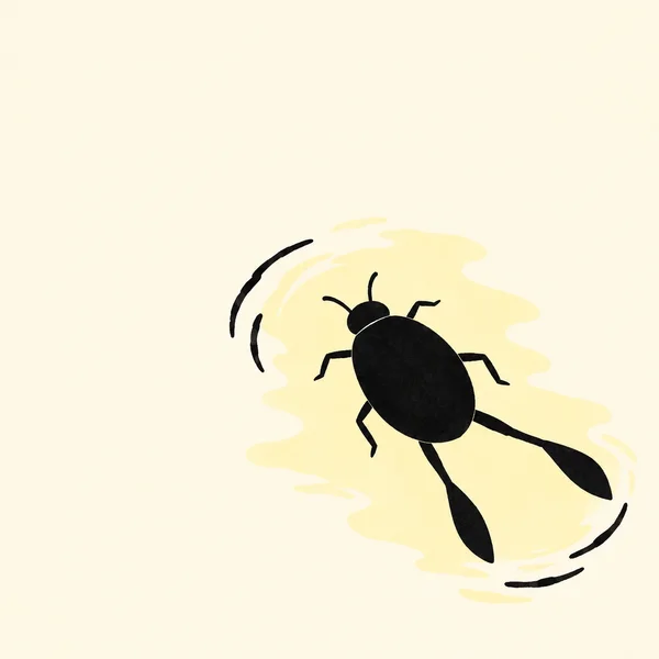 A matte-black water beetle with a broad oval body and long paddle-shaped hind legs sits on a pale yellow reflection against warm ivory water, with broken black…