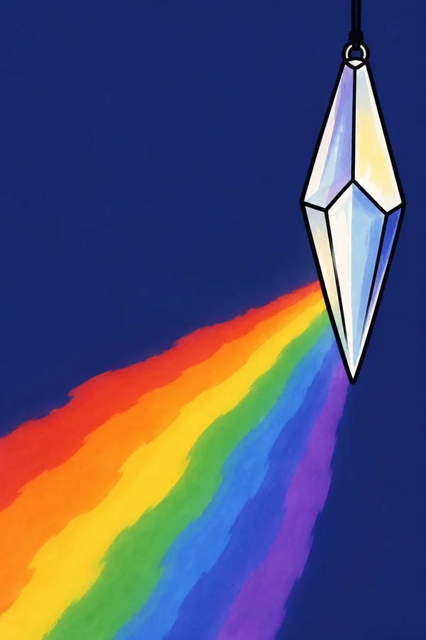 A long, pointed glass sun-catcher hangs against a deep indigo wall, with a broad red-to-violet rainbow sweep crossing diagonally down-left beneath it.