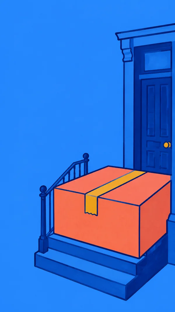 A large coral carton with a broad amber tape band sits across blue-brownstone steps beside a dark blue paneled doorway and railing, against a bright blue…