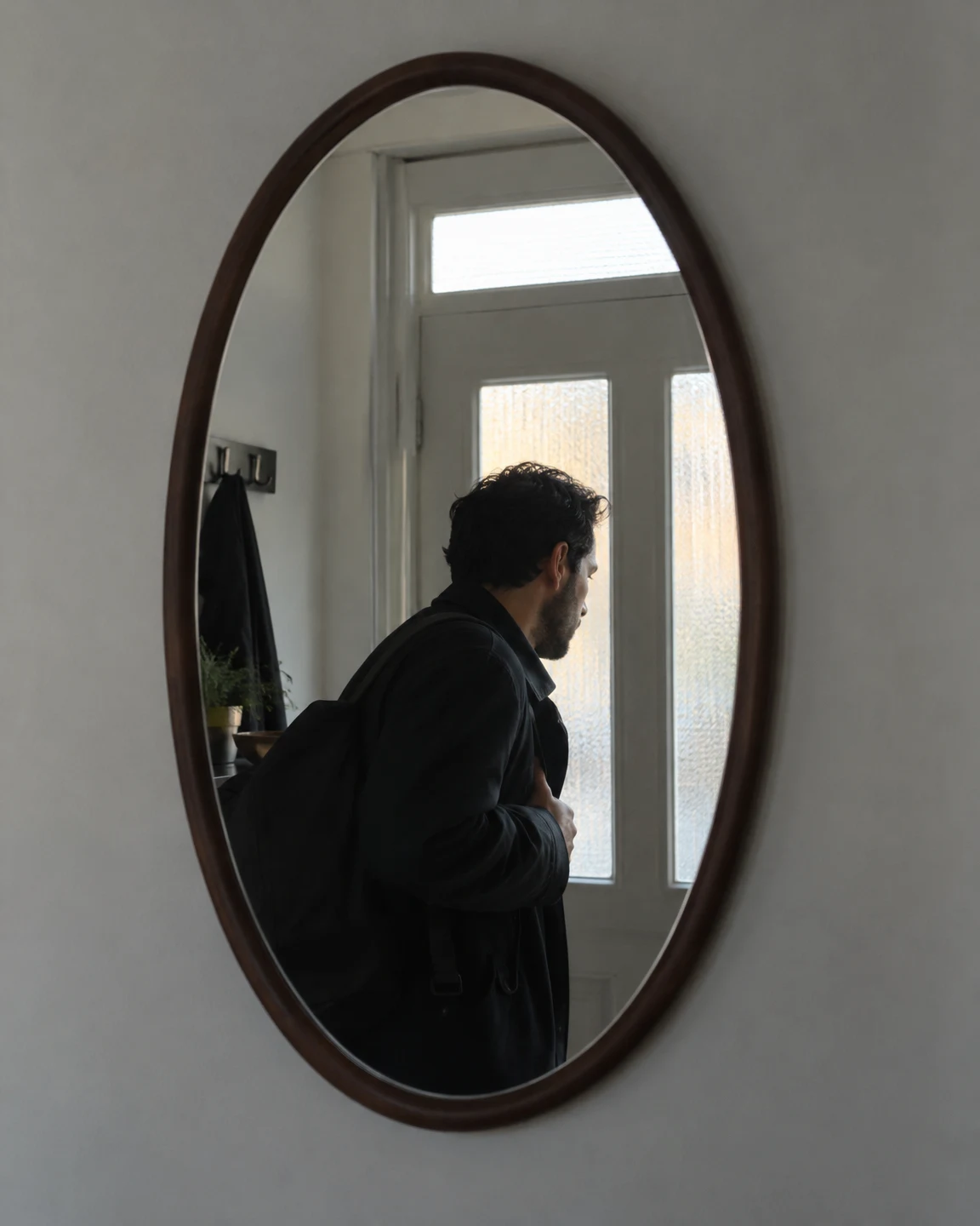 A dark wooden oval mirror hangs on a pale-grey wall, reflecting an adult in a dark jacket and backpack leaning toward a frosted-glass entry door.