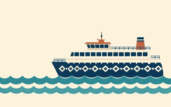 A navy passenger ferry in side profile crosses two rows of teal scalloped waves against a warm cream background.