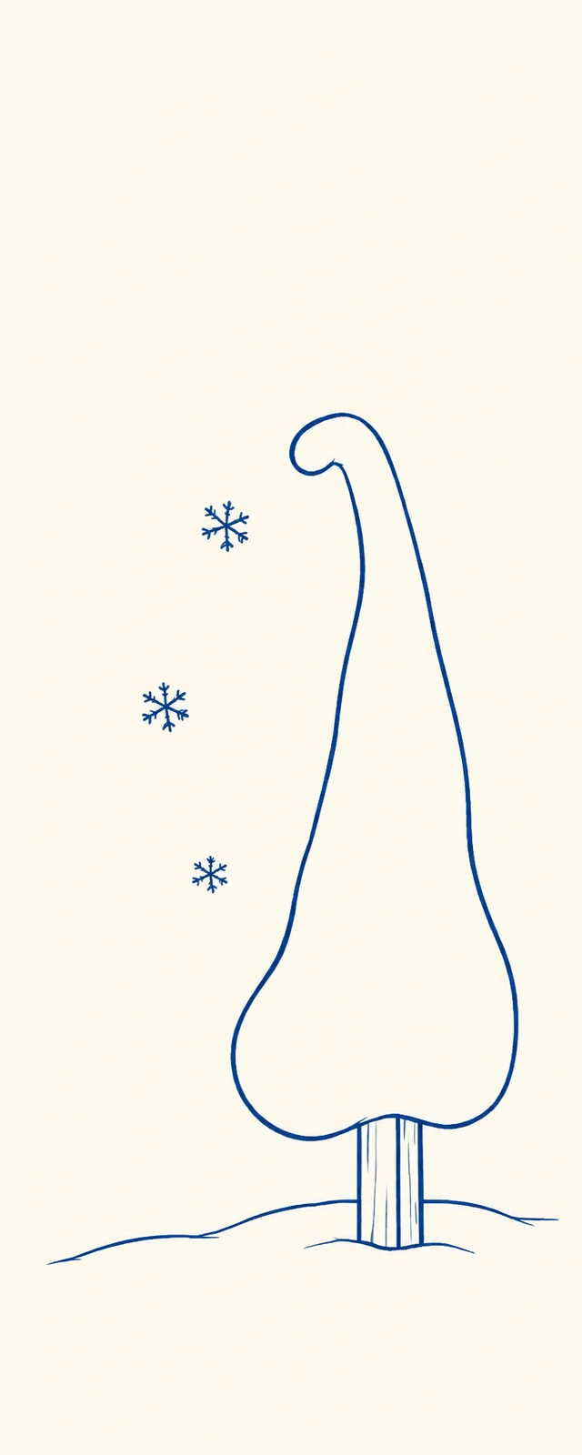 A tall blue-outlined, rounded tapering form with a hooked tip sits on a narrow post above a few curved ground lines; three outlined snowflakes are arranged to…