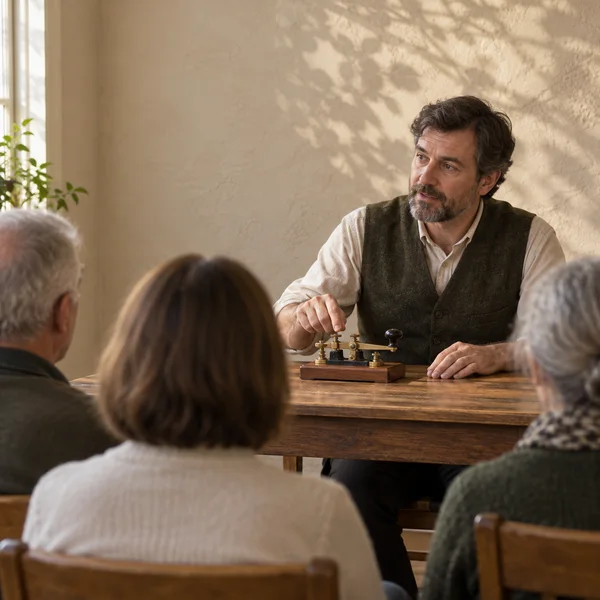 A bearded man sits behind a wooden table and demonstrates a brass-and-black telegraph key to three seated listeners, whose softly focused backs frame the…