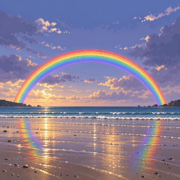 A stepped pixel-art rainbow arches over a calm shoreline at sunset, with clouds in a blue-purple sky and colorful reflections across wet sand.