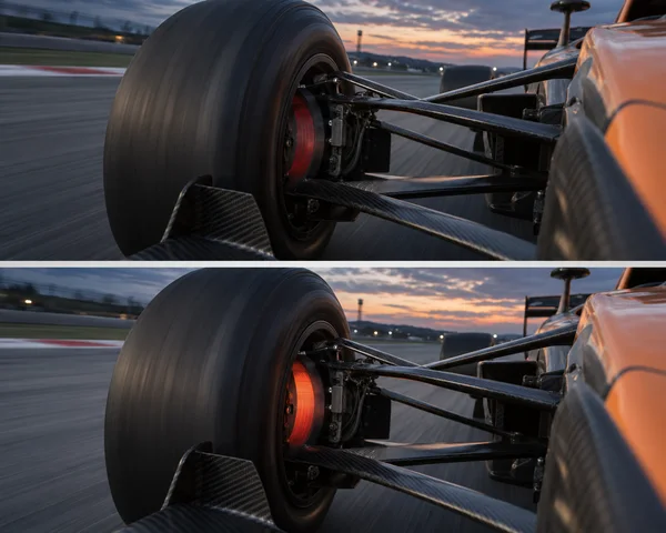 A close, low-angle motorsport diptych shows a large slick tyre, exposed suspension and a glowing brake rotor beside apricot-and-carbon bodywork, with a dusk…