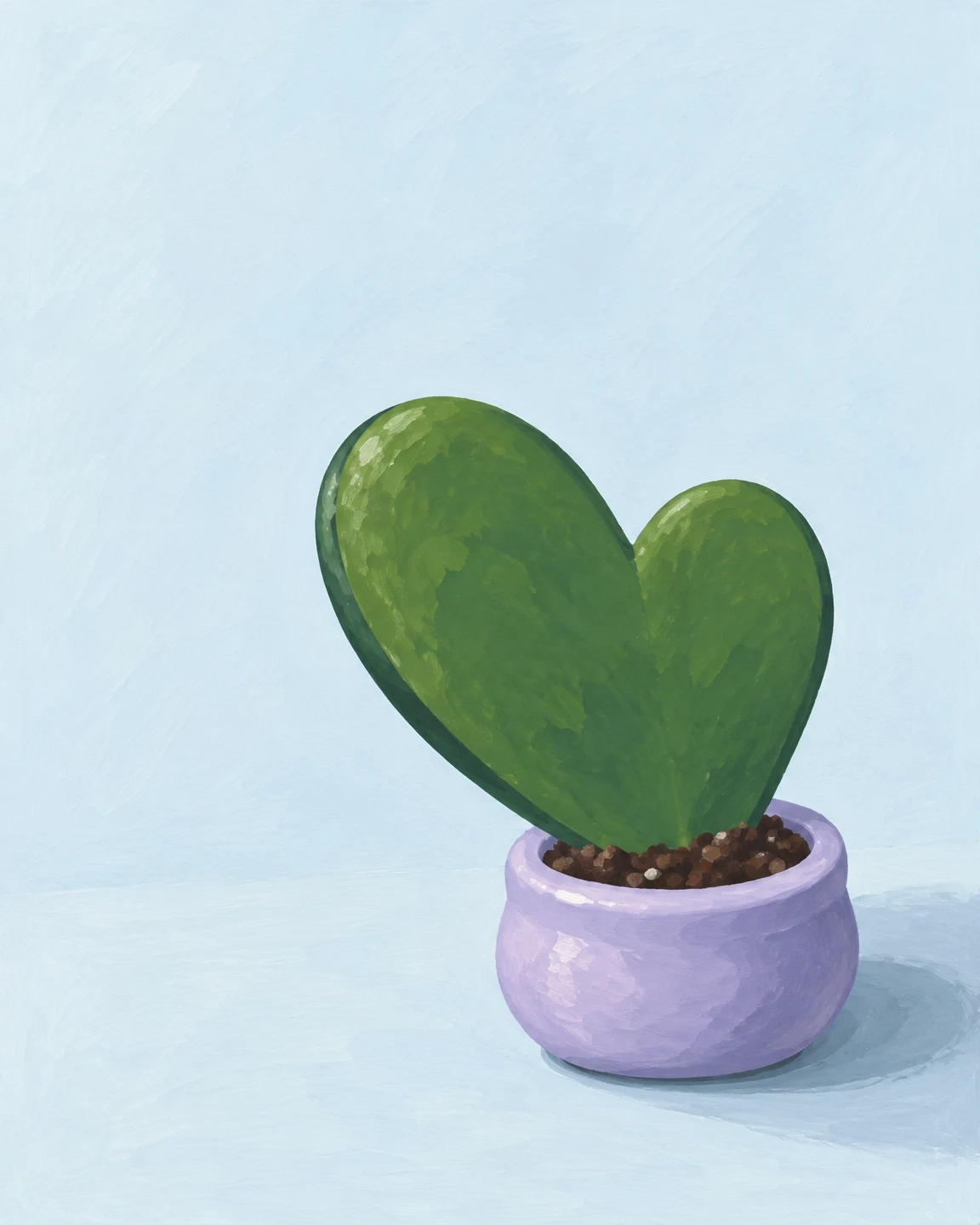 A large asymmetrical heart-shaped green leaf rises from dark soil in a squat lavender ceramic pot, set against a pale icy-blue background with a soft ground…