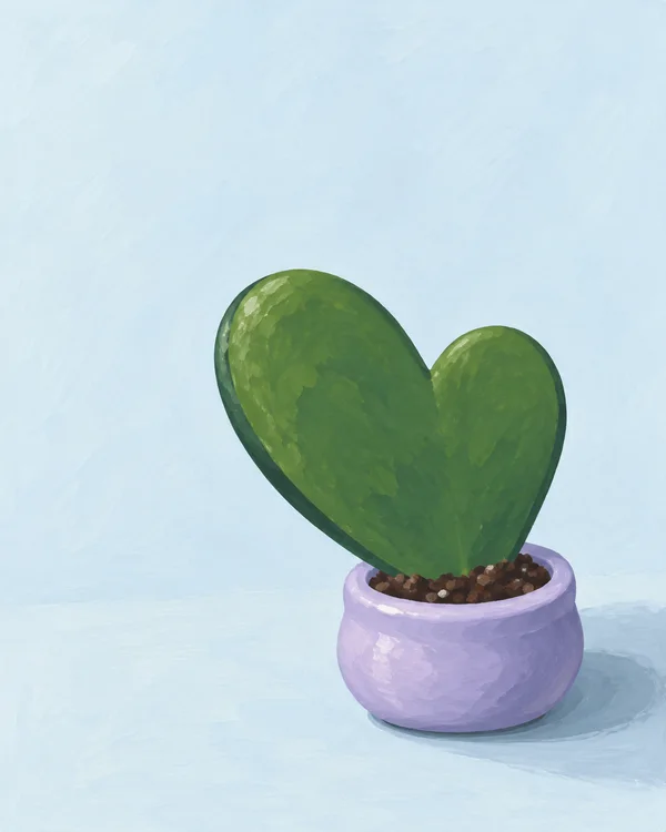 A large asymmetrical heart-shaped green leaf rises from dark soil in a squat lavender ceramic pot, set against a pale icy-blue background with a soft ground…