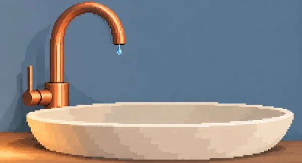 A tall copper faucet with a small blue droplet hangs over a wide, shallow cream basin on a warm-toned counter, against a dusty-blue wall.