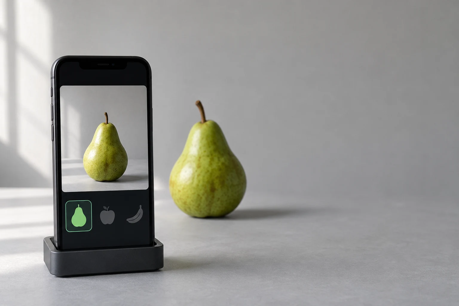 An upright black smartphone sits in a low cradle on a pale grey surface, showing a pear in its camera preview and a wordless row of fruit icons; a green pear…
