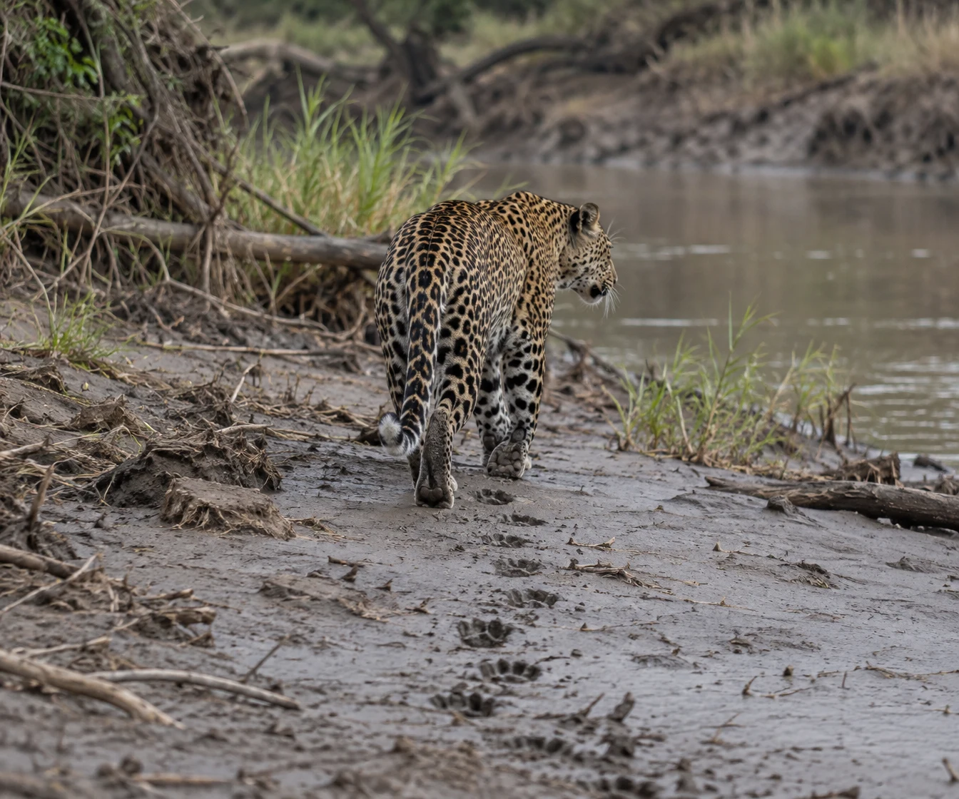 A leopard walks along a muddy riverbank, viewed from behind and slightly to the side, with a trail of pawprints across the foreground.