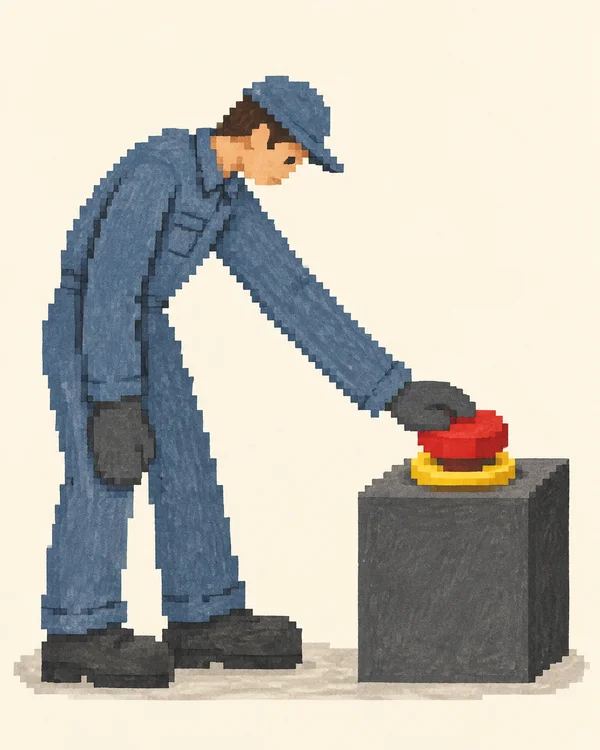 A technician in blue coveralls bends over a charcoal control pedestal and presses its large red emergency-stop button with a dark glove.