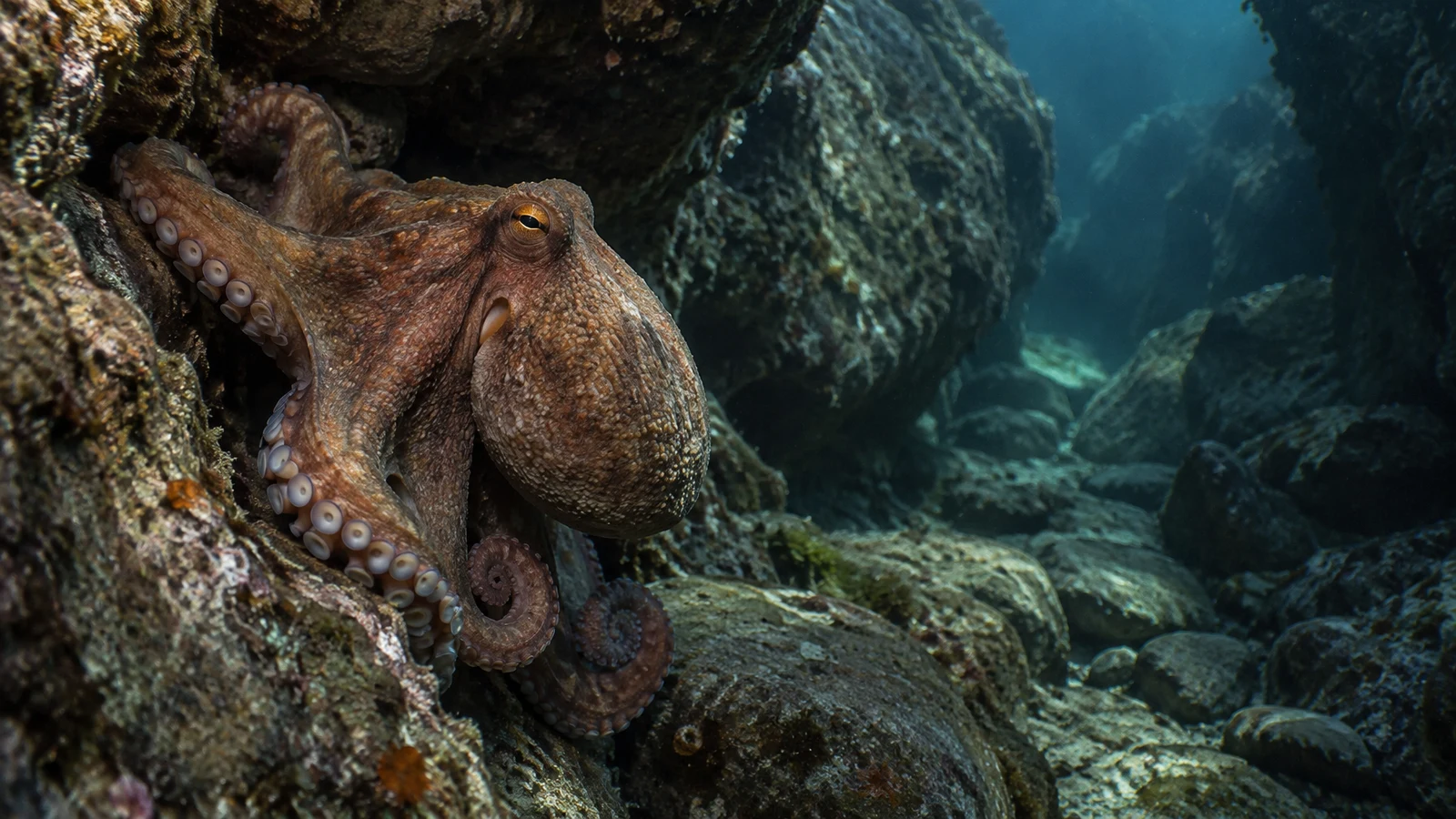 A copper-brown octopus clings to the rough stone at the entrance of a submerged rock fissure, with the passage receding into dim blue-green water on the right.