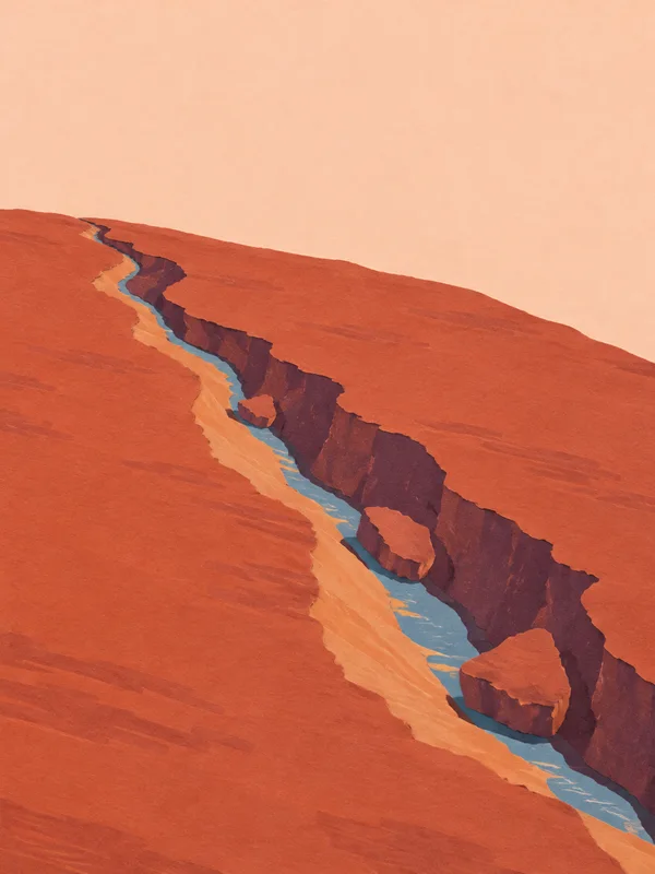 A terracotta hillside fills the lower part of a pale peach composition, split by a winding blue-water gully with dark plum banks and three displaced earth…