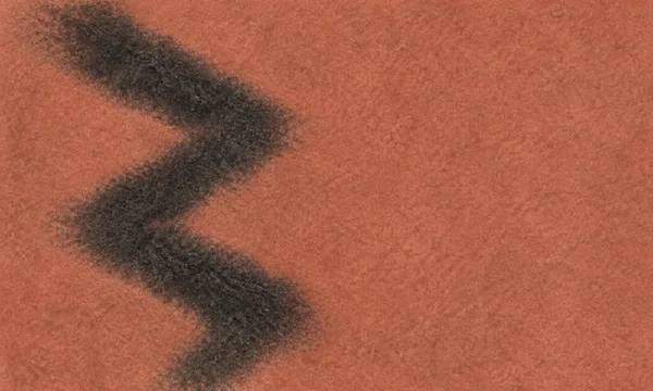 A warm terracotta textured field with a broad charcoal zigzag of grainy, fibrous marks on the left and open space across the right.