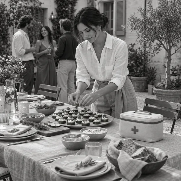 A woman adds herbs to a platter of small canapés at a linen-covered table in a leafy courtyard.