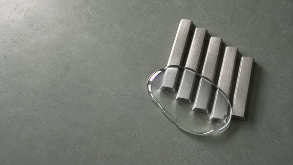 Five parallel brushed-metal bars with staggered ends sit on a textured grey-green surface, partly overlapped by a clear irregular pool with a pale violet…