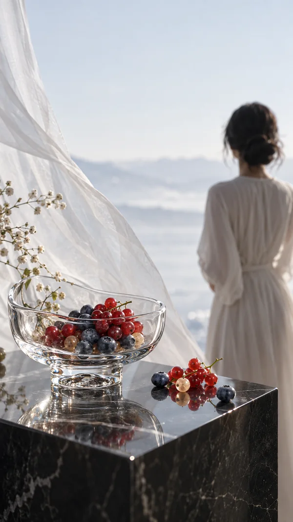 A softly blurred person stands facing a pale, snowy-looking landscape behind a sheer drape.