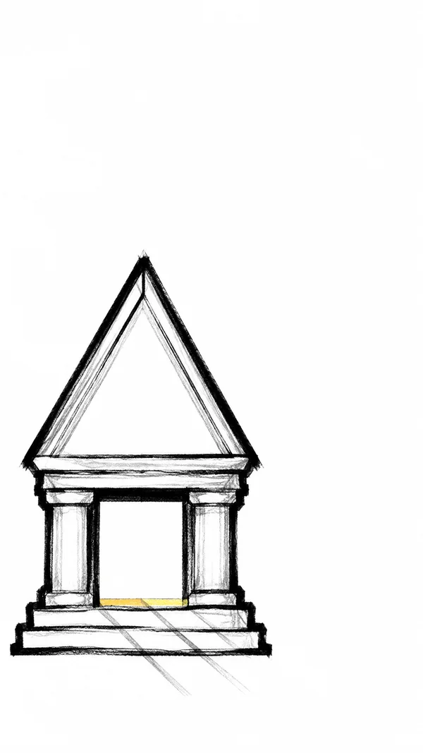 A rough black-pencil illustration of a small classical temple with a tall triangular pediment, two columns, an open entrance and stepped base; a yellow stripe…