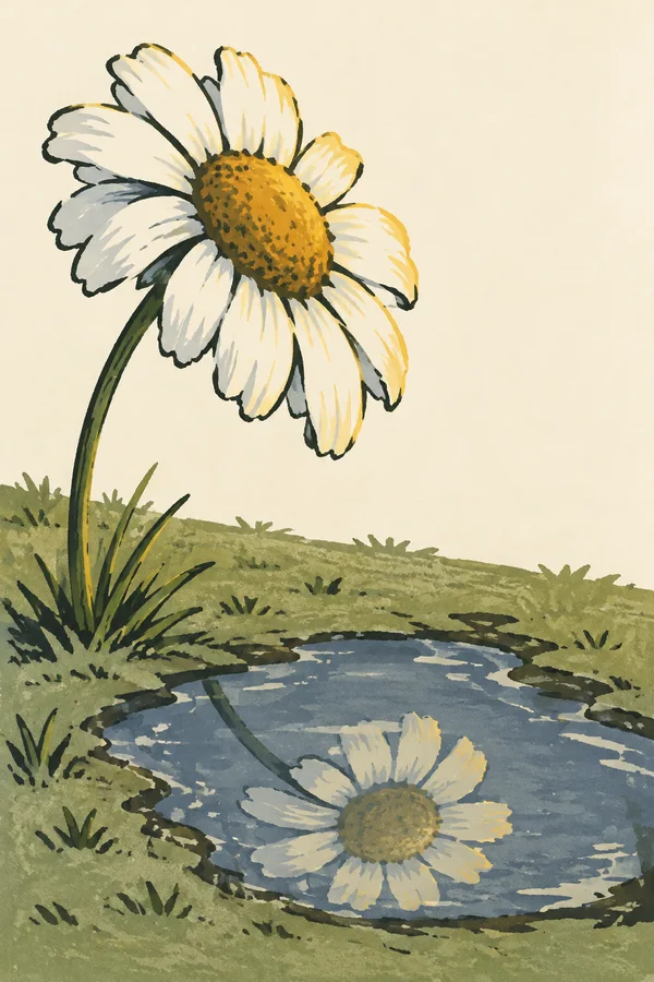 A large white daisy on a long curved stem rises from a tuft of grass beside a slate-blue puddle, which contains a flower reflection.