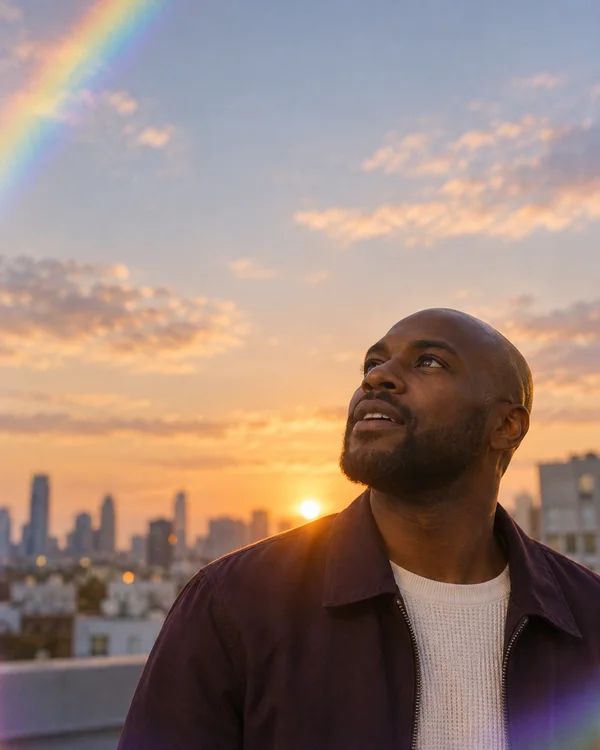 A shaved-headed man with a short beard, wearing a plum jacket over a cream knit shirt, looks up at a sunset sky from a rooftop.