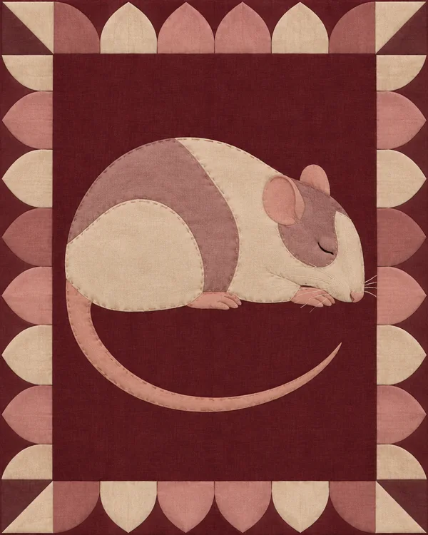 A cream and dusty-rose patchwork rat sleeps in side profile on a deep burgundy quilt block, its forepaws beneath its muzzle and long tail curving into a…