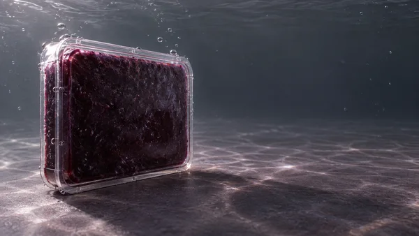 A clear rectangular tray of dark purple puree stands upright on a textured floor in a dim underwater studio scene, with bright highlights along its edges and…