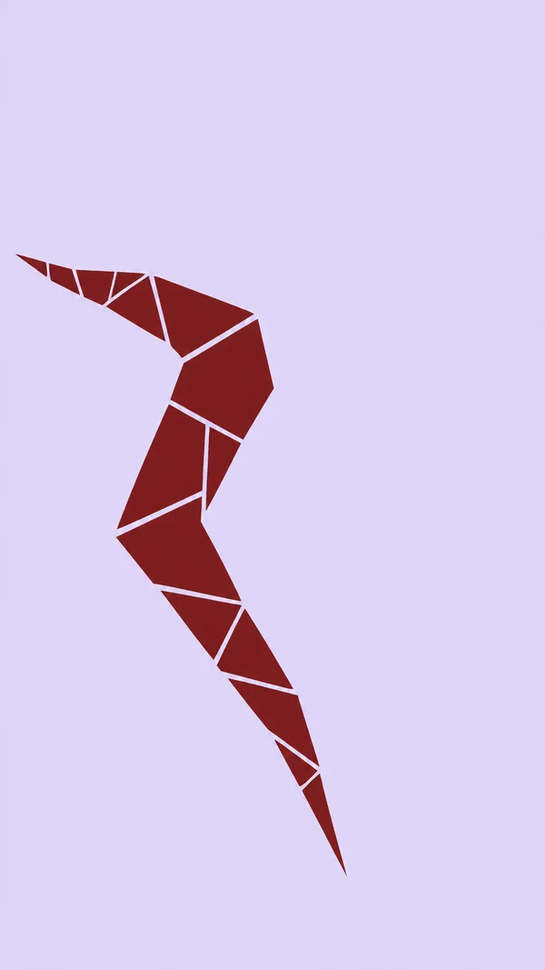 A dark red angular polygonal gesture descends across a pale lavender vertical field, with lavender seams separating its sections and broad empty space above…