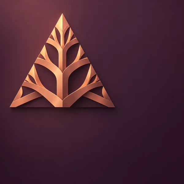 A large upright triangular structure of branching copper-colored ribbons sits in the upper-left area against a deep plum background, with open space to the…