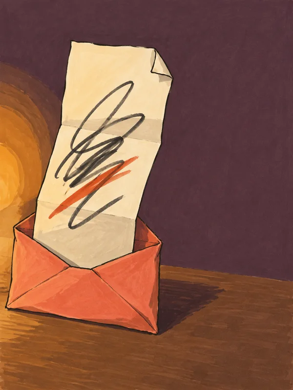 A long cream sheet with charcoal loops and a vermilion slash protrudes from an open coral envelope on a brown tabletop, against a muted plum background with…