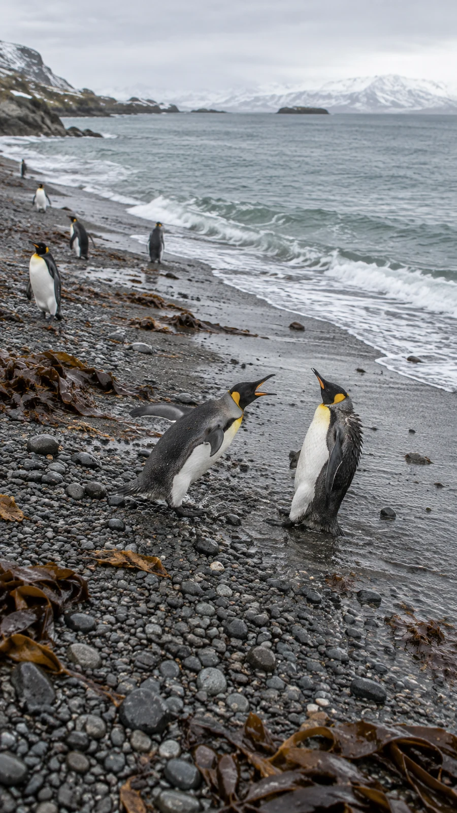 Two yellow-crested penguins face each other with open beaks on a dark pebble beach, with kelp, waves and several smaller penguins farther up the shore…