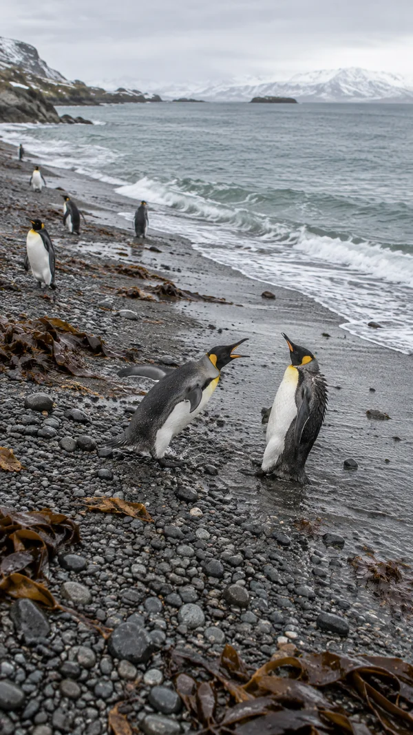 Two yellow-crested penguins face each other with open beaks on a dark pebble beach, with kelp, waves and several smaller penguins farther up the shore…