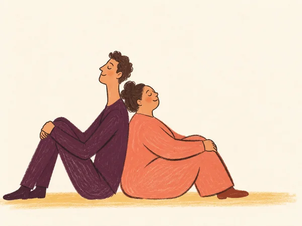 Two adults sit back-to-back on an ochre ground stroke against a warm ivory background.