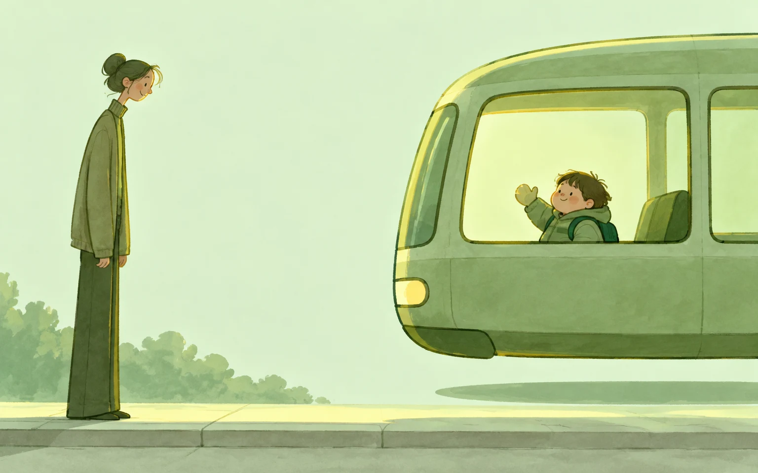 A child with a backpack waves from the large side window of a sage-green shuttle hovering above a curb, while a tall, slender caregiver watches from the left.