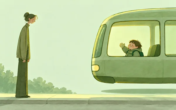 A child with a backpack waves from the large side window of a sage-green shuttle hovering above a curb, while a tall, slender caregiver watches from the left.