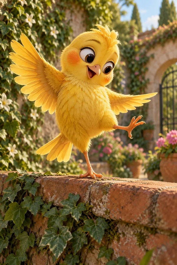 A fluffy golden-yellow canary balances on one orange foot atop a weathered terracotta garden wall, spreading its wings and looking down toward its raised foot.